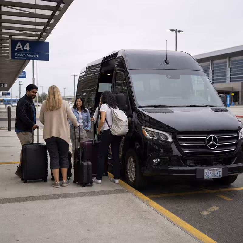 Group boarding a white charter bus for Airport Transportation transportation in Salem