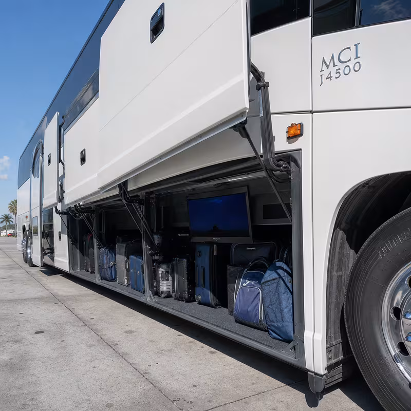 Party bus interior with wraparound leather seating and LED lighting in Salem