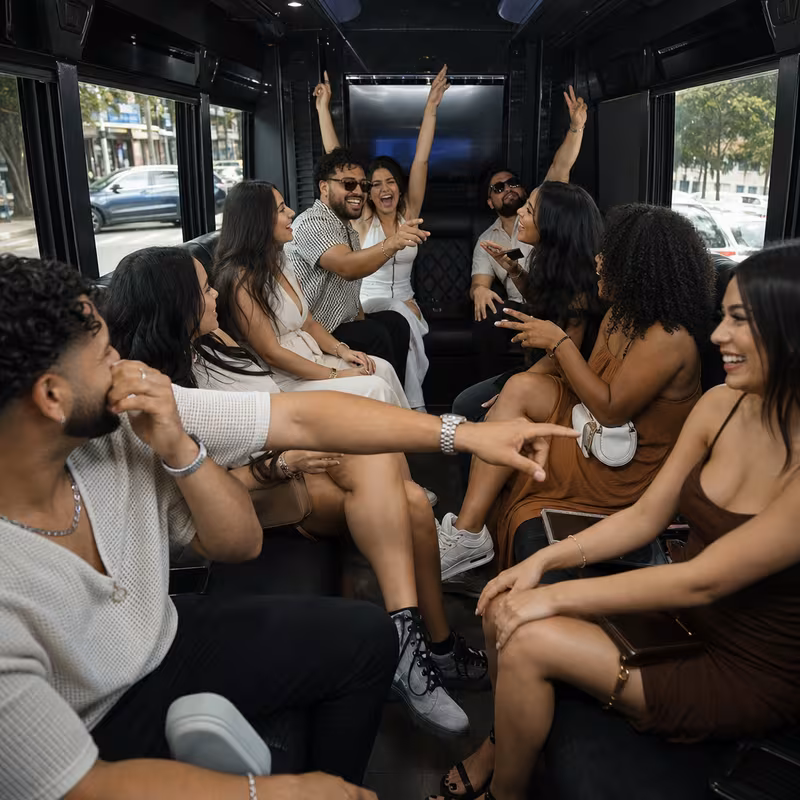Group boarding a white charter bus for Concert Transportation transportation in Salem