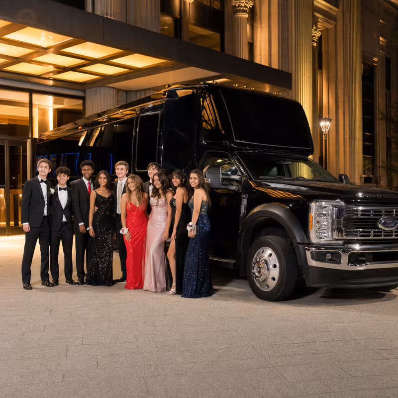 Party bus interior with wraparound leather seating and LED lighting in Salem